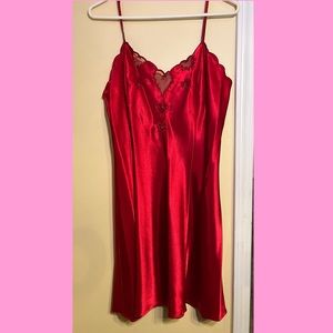 Vintage 80s Lord & Taylor Red Satin Slip Midi Dress with Heart Detailing